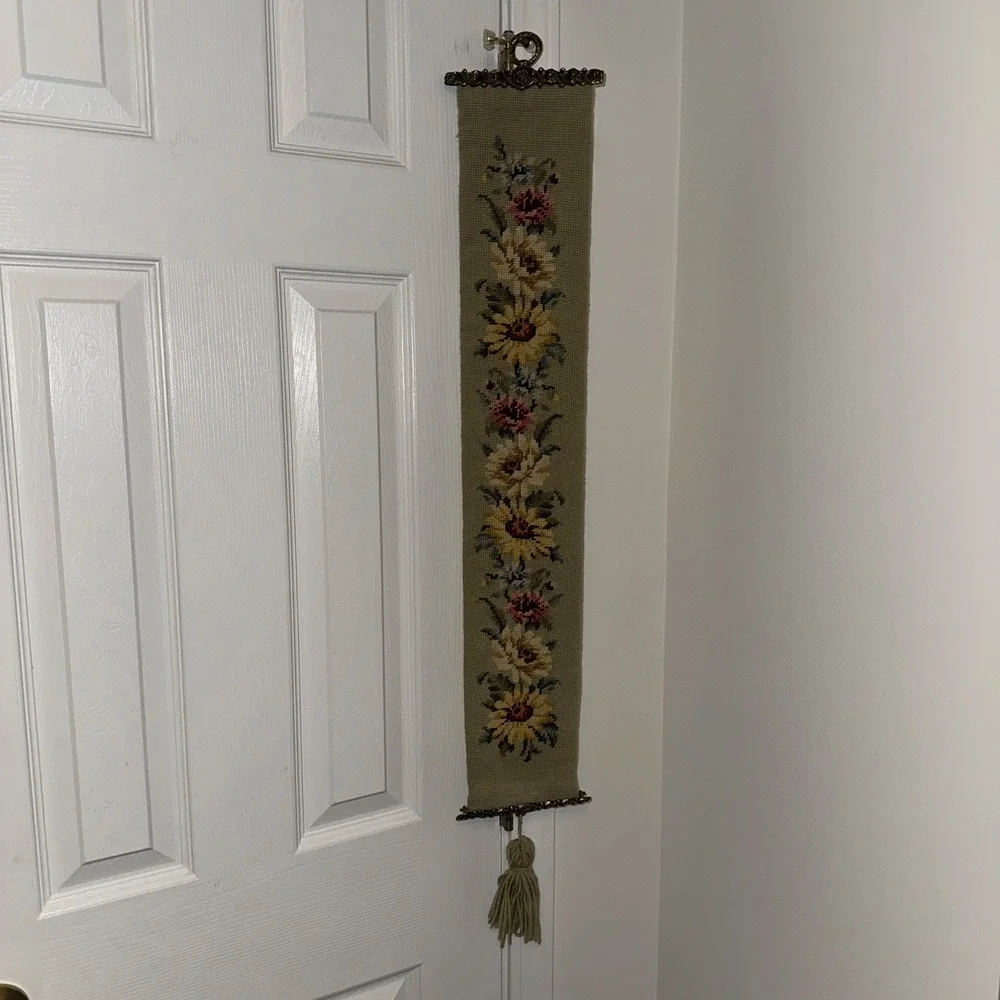 Vintage needlepoint floral tapestry bell pull ornate brass mounts 39